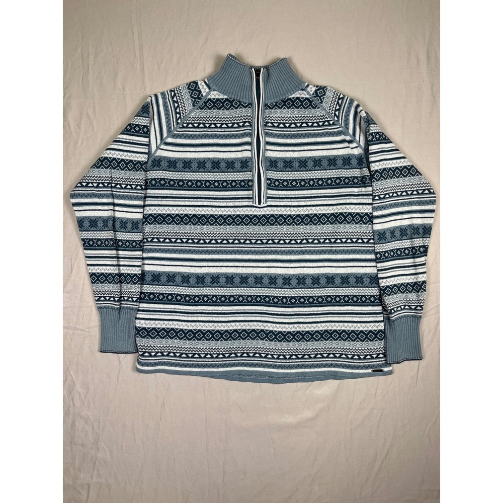 Eddie Bauer Quarter Zip Sweater Mens Medium Blue Nordic Fair Isle Cotton Blend‎